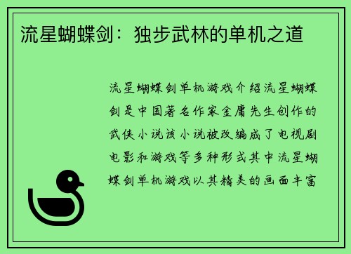 流星蝴蝶剑:独步武林的单机之道